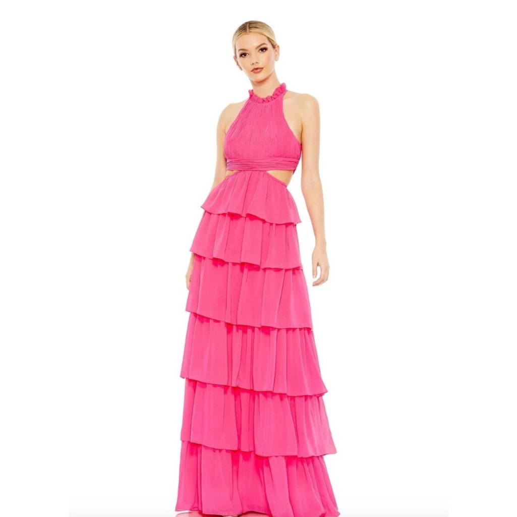 Stunning Mac Duggal Tiered Ruffle Pleated High Neck Ball Gown Worn Once